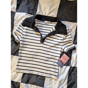 Striped‎ Haley & June Polo Shirt Top Black White Ribbed Short Sleeve Cropped XS